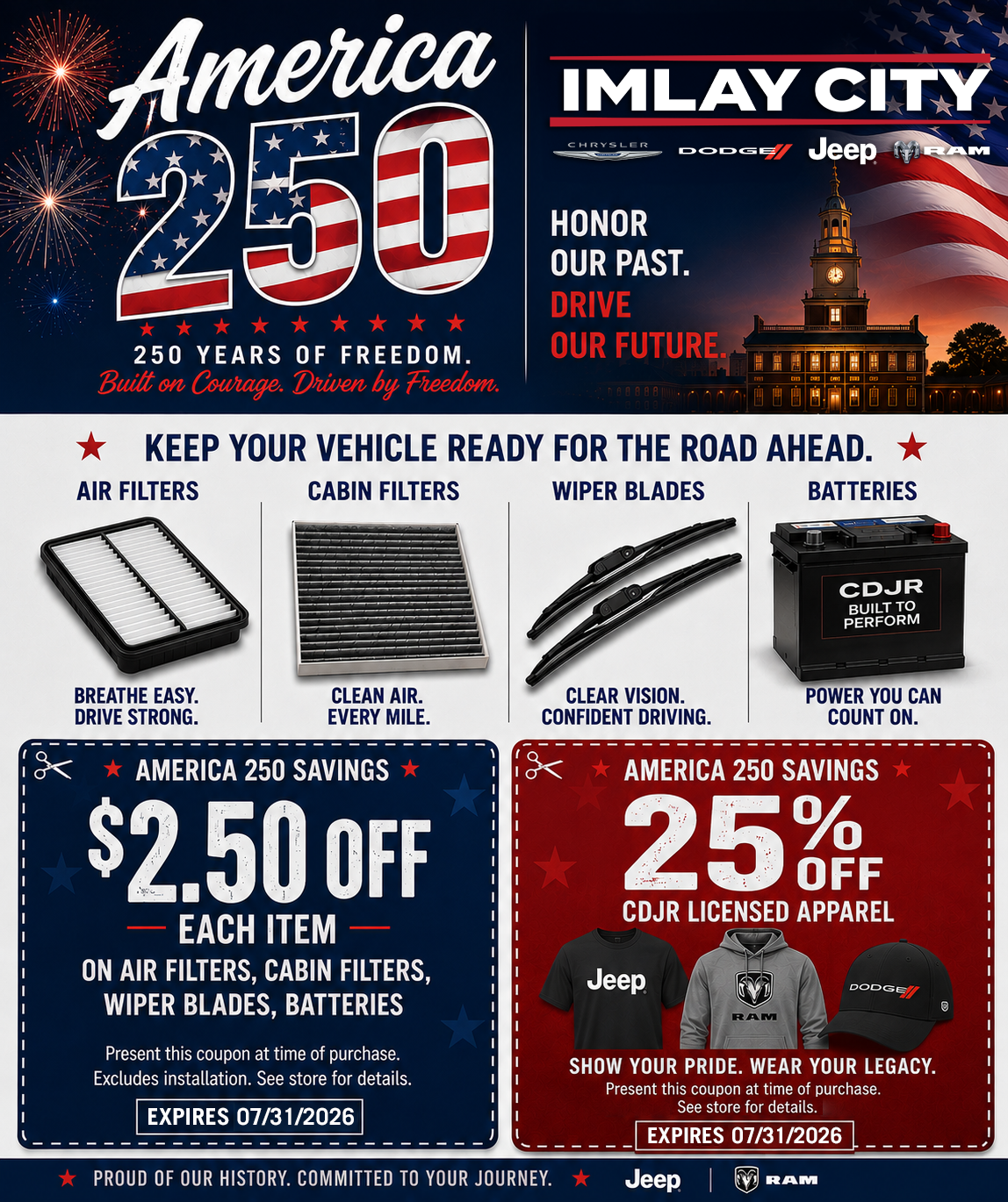 America 250. Honor Our Past. Drive Our Future. From Imlay City CDJR.